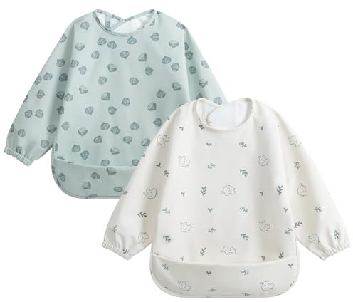 Little Dimsum Babero Impermeable de Manga Larga, 2PCS Baberos para bebés, Baberos para bebés Impermeables, Delantales Pintados para nifos para ninos de 6 a 3 anos(Elefantes& Castañas)