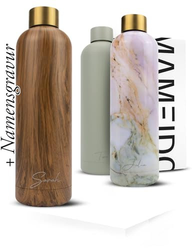 MAMEIDO Edelstahl Trinkflasche personalisiert 750ml - auslaufsichere Trinkflasche mit Namen, personalisertes Geschenk (Oak Wood Gold, 0,75l)
