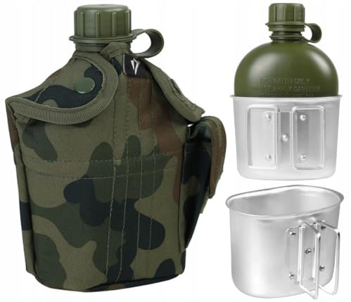 Dominator Urban Combat Gourde Militaire avec Gobelet Aluminium 500ml et Housse Camouflage 1L, Bidon Réutilisable sans BPA pour l'Extérieur, Camping, Armée, Randonnée, Gamelle Incluse