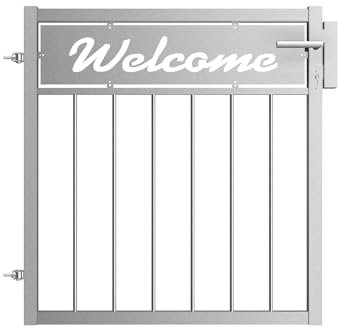 Gartentor Edelstahl V2A - Motivblech Welcome - Vertikalfüllstreben - Gartentüre, Zauntor, Terrassentür, Grundstückstor, Einganstor (ohne Pfosten DIN rechts Klebeanker Mauerwerk)