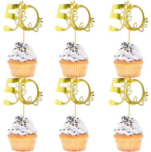 Blumomon 24Pcs 50th Happy Birthday Cupcake Toppers Happy 50 Cupcake Topper Cheers to 50 Cake Decoration 50th Birthday Party Decoration 50th Anniversary Cake Decoration(Gold)