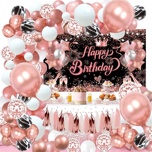 YinQin Rosé Gold Geburtstags Ballons Dekoration mit Fotografie Hintergrund Roségold Geburtstags Luftballons Dekorationen Rose Gold Happy Birthday Party Luftballons Deko für Mädchen Frauen