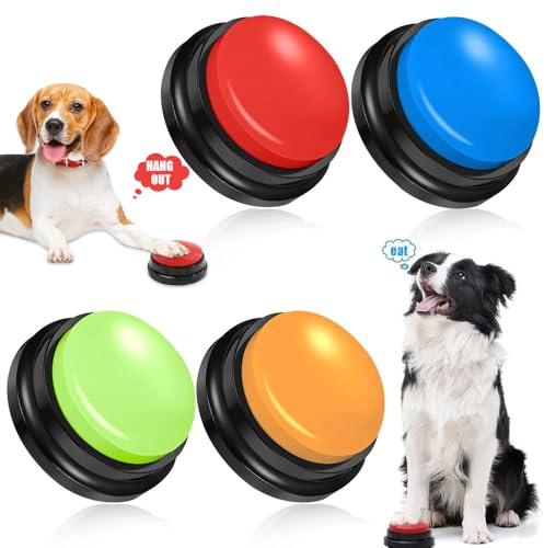 Vmxlso 4 Stück Hunde Buzzer mit Aufnahmefunktion, Hunde Buzzer mit Sound, 30 Sekunden Aufnahme Buzzer Hund, Answer Buzzers Hund, Hunde Buttons zum Sprechen, Hund Aufnahmefähige Tasten für Interaktion