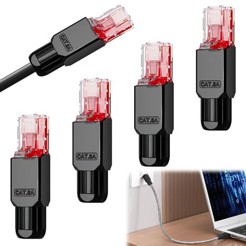 QTMMC 4Pack Tool-Free RJ45 Connectors Cat6 Modular Plugs for 23-26 AWG Network Cable Ends Toolless Non-Shielded Gold Plated Inline Coupler High-Speed Transmission Black