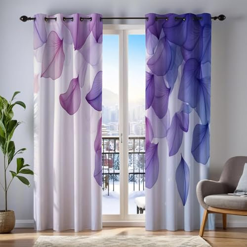 MULERN 2Er Set Blickdicht Vorhänge Wohnzimmer, 3D Lila Blütenblätter Muster Blickdicht Schlaufenschal Art Verdunkelungsvorhang, Lärmminderung Gardinen Fensterdekoration H245 X B140 cm