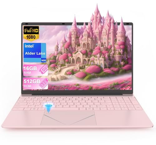 Laptop 16GB RAM 512GB SSD 15.6 FHD Display PC Quad-Core N95 Processor Up to 3.4GHz Laptop Computer with Touch ID Support WiFi Bluetooth4.2 USB3.0 Pink
