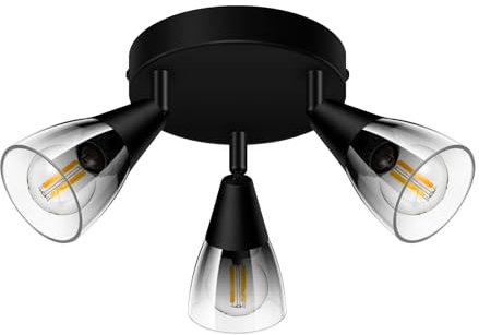 LED Deckenstrahler Schwarz, Deckenleuchte E14 3 Flammig Schwenkbar 350° Deckenspot, Vintage Art Rauchglas Lampenschirm,Moderne Deckenlampe Spot für Flur/Küche/Schlafzimmer/Wohnzimmer,Ohne Leuchtmittel