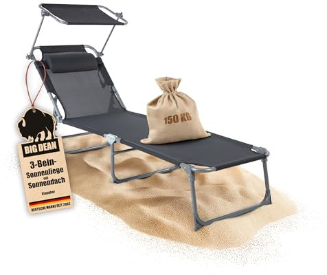 BigDean Sonnenliege klappbar mit Kopfkissen & Dach extra hoch dunkelgrau 150 kg belastbar - hochwertige Gartenliege für Balkon, Garten & Strand