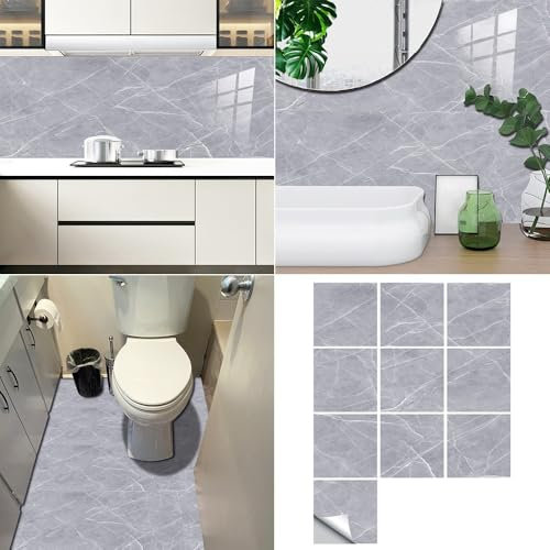 Hixingo Azulejos Adhesivos Cocina, 20 Piezas Autoadhesivos Baldosas Adhesivas Pared Cocina Pared Patrón Mármol PVC Impermeable Azulejos Baño (Gris Claro,15x15cm)