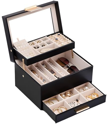 Lolalet Jewelry Box, Clear Window Jewelry Organizer with Drawer for Earrings Bracelets Necklaces Rings, Jewelry Storage for Women -Black, 3 Layers