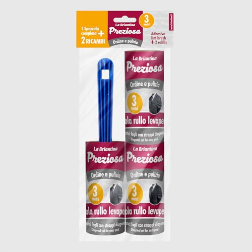 La Briantina Spazzola Adesiva a Rullo per Abiti con 2 Ricariche da 3 m – Rimuove Peli, Polvere e Pelucchi – Levapelucchi Manuale per Vestiti, Divani e Tessuti
