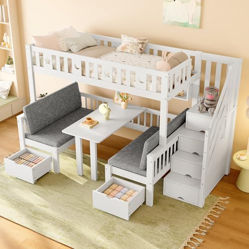 Dolamaní Etagenbett 90x200 cm, 2-in-1 Funktionsbett, Jugendzimmer Hochbett mit Sofa und Schreibtisch, Stauraum SicherheitsTreppe, Holzbett Kinderbett mit Rausfallschutz (Weiß)