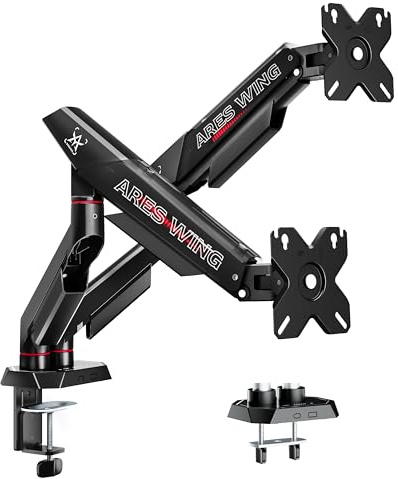 ARES WING Monitor Halterung 2 Monitore für 17–35 Zoll, 12 kg/Arm,Schwarz | Dual Monitorarm für Flach&Curved Bildschirm, höhenverstellbare Tischhalterung mit Kabelführung, ergonomisch,VESA 75/100 mm