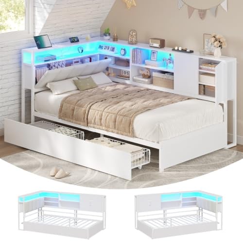 KIMENICH Polsterbett Schlafsofa 90x200 mit LED-Beleuchtung, Ladestation, Tagesbett, Jugendbett mit 2 Schubladen und Lattenrost aus Metall, Kopfteil mit Stauraum, Offene Regale, Schrank, Weiß