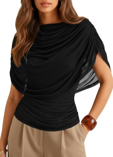 HAWILAND Women Ladies Sheer Mesh Ruched Draped Front Short Sleeve Top Elegant Classy Blouse Shirts Black Large