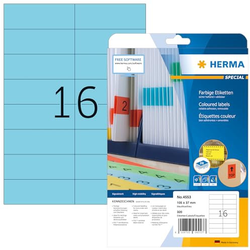 HERMA 4553 Farbige Etiketten blau ablösbar, 20 Blatt, 105 x 37 mm, 16 pro A4 Bogen, 320 Stück, selbstklebend, bedruckbar, matt, blanko Papier Farbetiketten Aufkleber