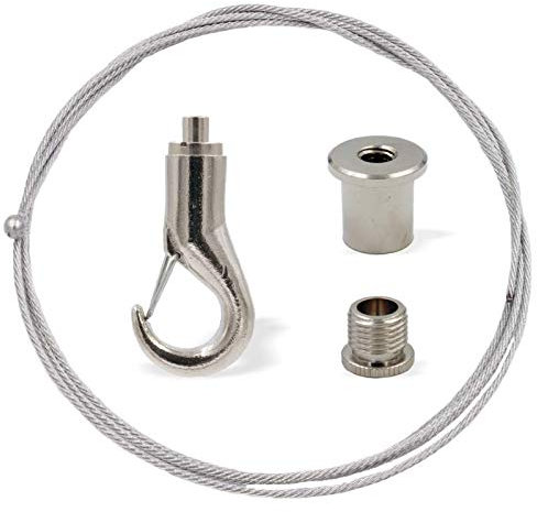 Abhängeset mit Haken für höhere Lasten | Deckenbefestiger, Schraubkappe Hakenhalter/Drahtseilhalter, Drahtseil Ø1,8mm, Länge 3000mm