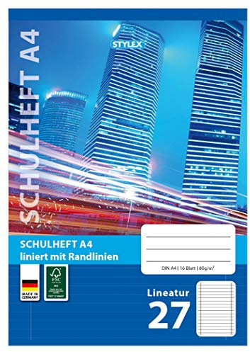 Stylex 29827-P25 - Schulheft, liniert, DIN A4, 16 Blatt mit 80 g/m² Grammatur, Außen- und Innenrand, 25 Stück