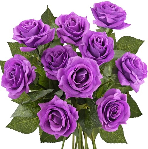FiveSeasonStuff 10 Stems Real Touch Roses Artificial Flower Silk Roses ‘Petals Feel and Look like Fresh Roses' Bouquet of Flowers Floral Arrangements (Violet)