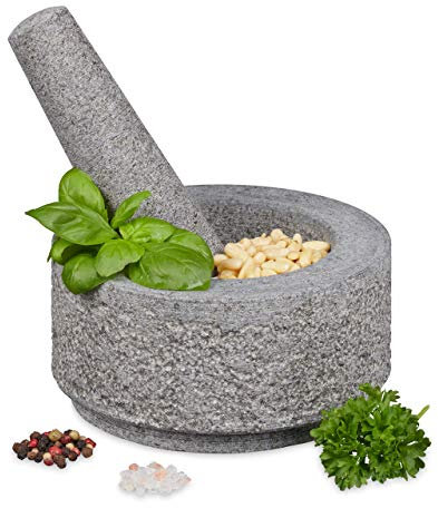 Relaxdays Mortero con Mano, Granito, Duradero, Macizo, Especias y Hierbas, Moledor Piedra sin Pulir, 14 cm Ø, Gris