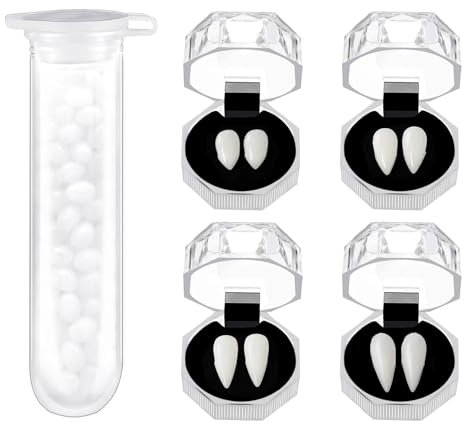 5 Pieces Vampire Cosplay Fangs, Vampir Fangs Kit 4 Größen Vampirzähne with 1 Röhrenförmigen Zahnpartikeln für Halloween Cosplay Party Dress Up Gefälschte Zahnersatz Prop Kleber