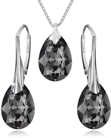Panda-Jewellery Ohrringe Silber 925 Hängend - Kette Damen mit Anhänger - Schmuck Set für Sie - mit Kristallen - Ohrringe Hängend und Halskette Damen Silber 925 in Form eines Tropfes (Silver Night)