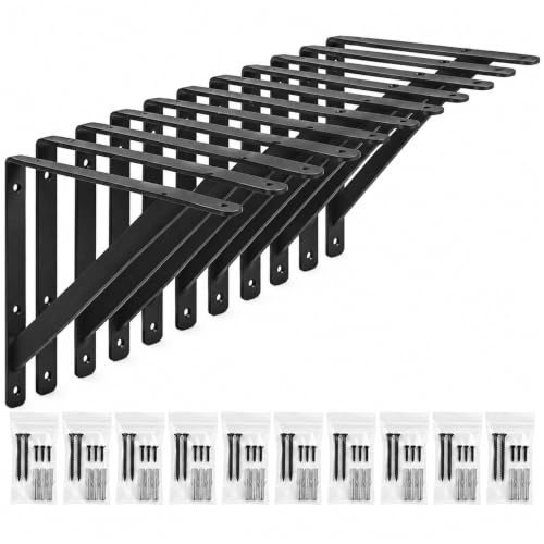 Starvast Wandregal, 10 Stück dreieckige Halterungen 90 Grad aus Stahl, Regalwinkel 250 mm x 160 mm, Halterung für Eckträger mit 50 Schrauben und 20 Stück Anker (schwarz)