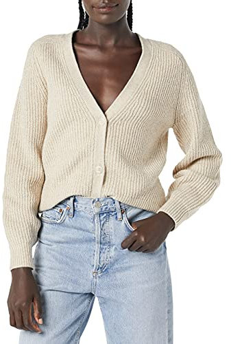 Amazon Essentials Women's Soft Touch Ribbed Blouson Cardigan, Beige, M