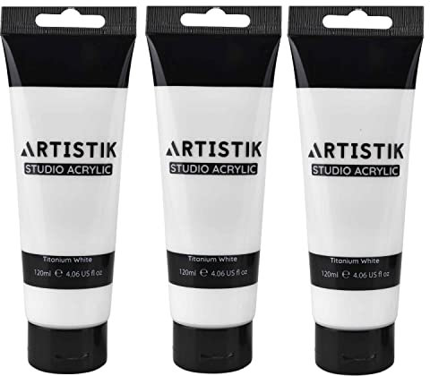ARTISTIK Lot de 3 tubes de peinture acrylique blanc titane de qualité professionnelle pour toile, papier, bois et autres surfaces, peinture vive non toxique pour débutants et artistes
