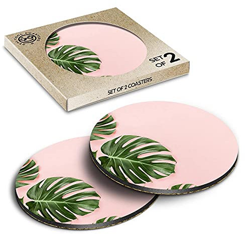 2 x Eco Boxed Cork Coasters - Pink Palm Tree Leaves Tropical Drink Cup Mug Glass Table Mat #14338