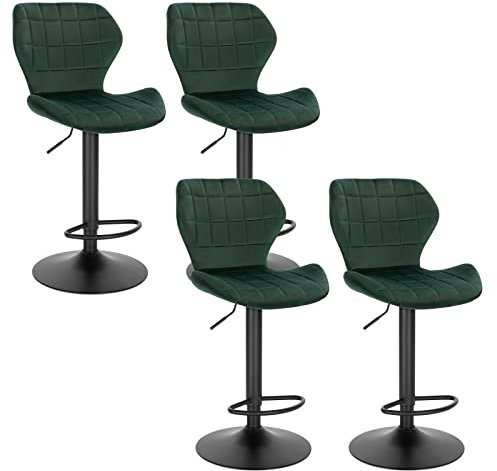 WOLTU Barhocker 4er Set höhenverstellbarer Hocker 60-82 cm 360° Drehstuhl mit Rückenlehne Fußstütze Barstuhl aus Samt Metall Stehhocker Dunkelgrün BH324dgn-4