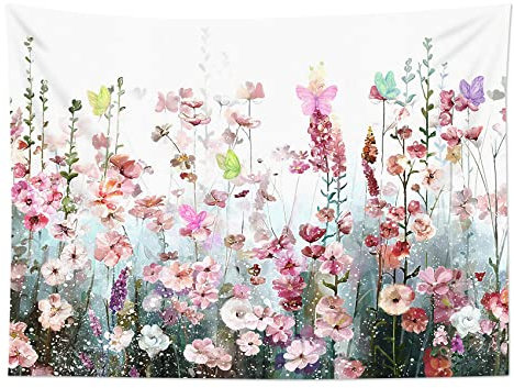 LB Wandteppich Rosa Blumen Wandtuch Schmetterling in Bunten Pflanzen Wandbehang Böhmisches Aquarell Blumennatur Tapisserie für Wohnzimmer Schlafzimmer Wohnheim Wanddeko,150x100cm