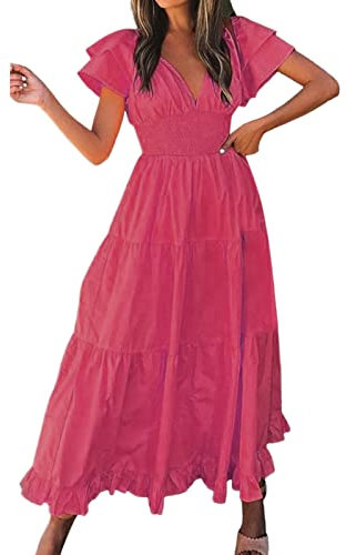 NNGOTD Robe Femme été Fluide Boheme Chic et Rose Bretelles Spaghetti de Plage Robes Décontractée Courte Col en V avec Poches Robe Rouge Femme