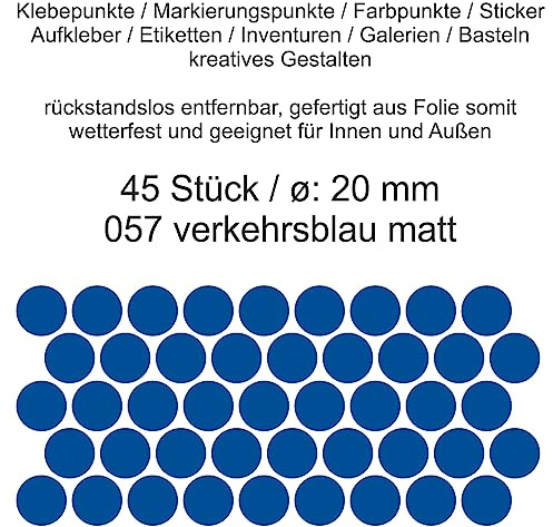 Aufkleber Etiketten Klebepunkte aus Folie 45 Stück blau verkehrsblau matt rund 20 mm selbstklebend farbig wetterfest Decal Markierungen Organisieren DIY basteln verzieren Modellbau Scrapbooking
