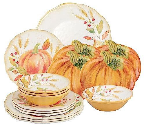 UPware 16 Piece Pumpkin Melamine Dinnerware Sets, Outdoor Dishes Set, Plates and Bowls Sets, Autumn Thanksgiving Decorations, Service for 4, Orange