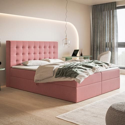 MOTIVENA Costa Boxspringbett 140x200 mit Bettkasten und Topper, Polsterbett 140x200 mit Bettkasten, Taschenfederkern-Matratze (H3), Visco Memory-Foam Topper (H2), Samt, Rosa (Pink)