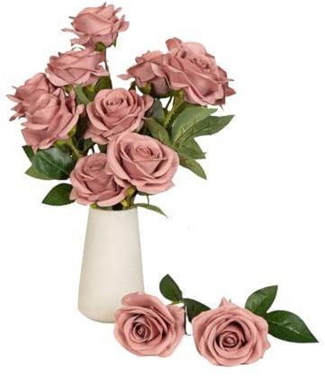 DuHouse 10 rose finte fiori di seta artificiali fiori di rosa finto fiore lunghi steli bouquet per organizzare matrimoni centrotavola festa casa decorazione cucina(Rosa polvere)