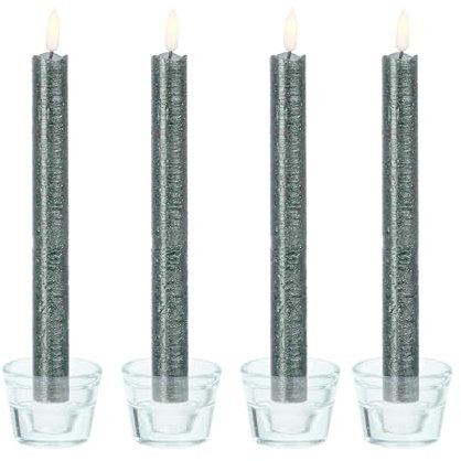 B & S LED Kerze 4er SET Tafelkerze Stabkerze Echtwachs bewegliche Flamme Timer metallic grau