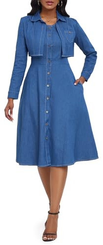 VERWIN Two-Piece Denim Dress with Jacket - Blue, Size XL, Women's, Adult Women, Dress, Midi, All Seasons, Solid Blue, Cotton, Long Sleeve, Mid Waist, Closed Back, Party, Wedding, Evening, Casual