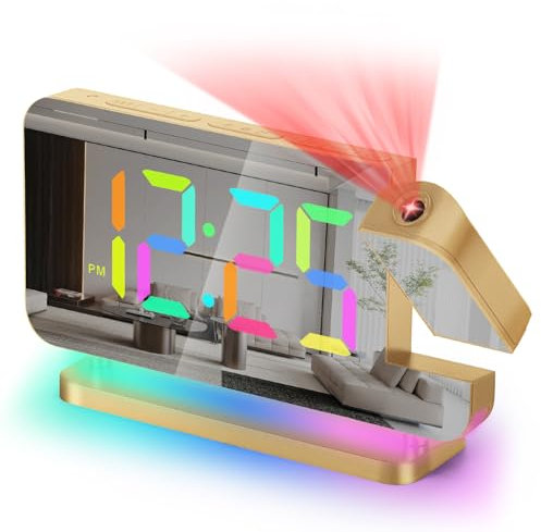Projection Alarm Clock for Bedroom, 7.4 LED Mirror Digital Clock Large Screen with RGB Night Light, 180° Rotating Projector, USB C Port, Dimmer