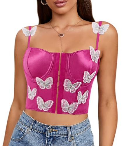 Naimo Haut court papillon en satin pour femme - Corset sexy à bretelles spaghetti - Vintage, Rose rouge, XL