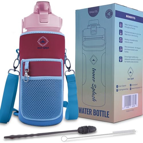 Inner Splash Gourde 2 Litres Sport graduée avec paille, Bouteille d'eau sans BPA, housse de transport, messages Motivants avec Marqueur de Temps pour Randonnée, Fitness,Gym | 2 brosses de nettoyage