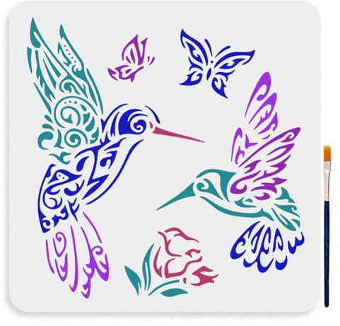 MAYJOYDIY Kolibri Muster Schablone 30 × 30cm Groß Dekorative Kolibri Blumen Zeichenschablonen Mit Malpinsel Florale Kolibri Schmetterlings Schablonen Für Holz Leinwand Stoff