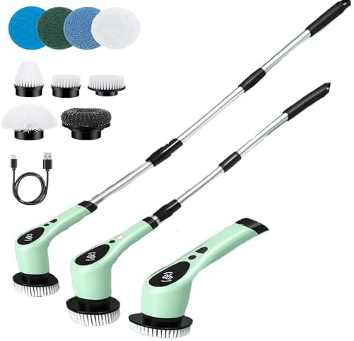 Electric Scrubber Brush, KIRIKIT 9 in 1 Cordless Spin Scrubber Cleaning Brush with 9 Replaceable Heads, 2 Speeds, LED Display, Adjustable Stretchable Handle for Bathroom,Bathtub,Kitchen,Shower,Tub