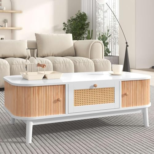 KOMHTOM Table Basse Petite Table avec tiroirs en rotin, Table de Salon avec 2 Portes et 1 tiroir Table d'appoint pour Salon (Blanc et Naturel)