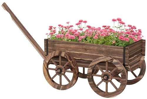 Outsunny Jardinera de Madera Macetero Exterior en Forma de Carrito con 4 Ruedas y Mango para Balcón Jardín Patio 120x41x54 cm Carbonizado