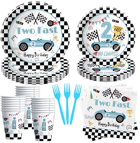 Suhelkit Race Car Two Fast Party Tableware - Racing Car 2nd Birthday Supplies, Paper Plate, Cup, Napkin, Fork, Blue 2 Fast 2 Curious Decorations | Serve 24