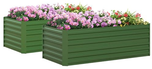 Outsunny Set of 2 Raised Beds for Garden, Galvanised Steel Outdoor Planters with Multi-reinforced Rods for Vegetables, Plants, Flowers and Herbs, 180 x 90 x 59 cm, Green