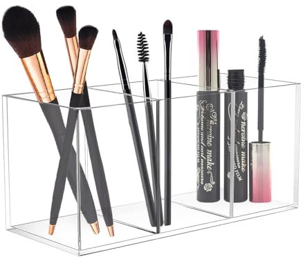 Casenly Pot à Crayon en Acrylique Transparent, 3 Compartiments Porte Stylo Bureau Transparent, Rangement Pinceaux Maquillage, Pot a Pinceau de Maquillage pour Papeterie Cosmétiques Pinceau