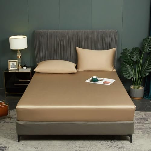 Luofanfei Bambus Lyocell Spannbettlaken 90x200cm Gold Khaki Boxspringbett Frottee Topper Glänzend Bambusfaser Bettlaken Spannbetttuch 90 x 200 Uni Spannbetttücher für Hohe Matratze bis 25-30 cm
